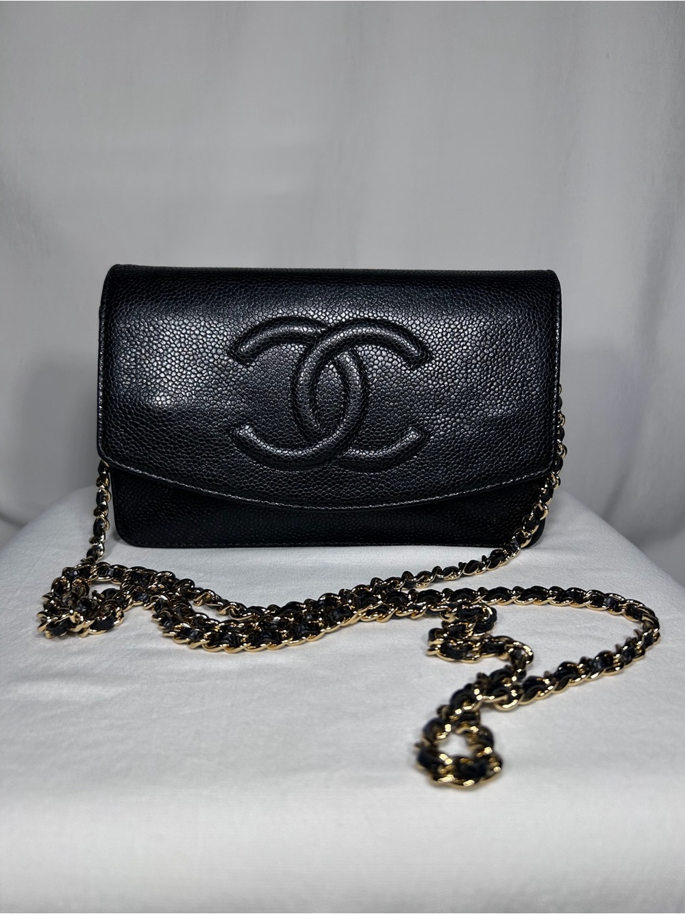 Chanel Black Caviar Wallet on Chain (WOC) CC logo leather-woven chain strap
